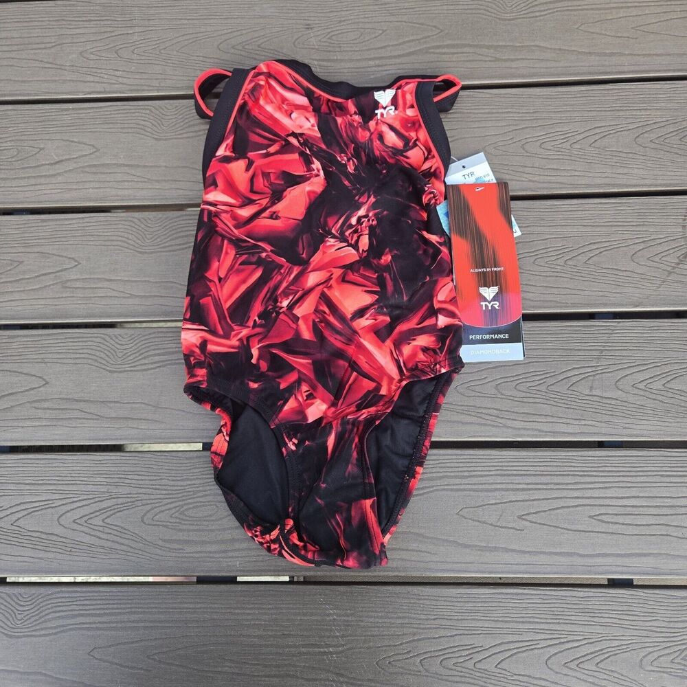 TYR Durafast Freeze Frame Red Abstract DiamondFit 1 Pc Swimsuit Girls Sz 22 NEW